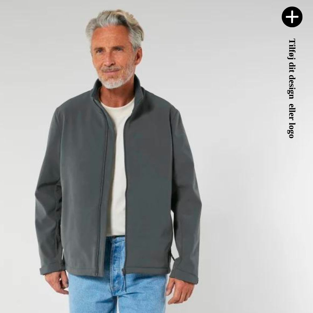 En person iført en grå jakke. Tilføj dit design eller logo.