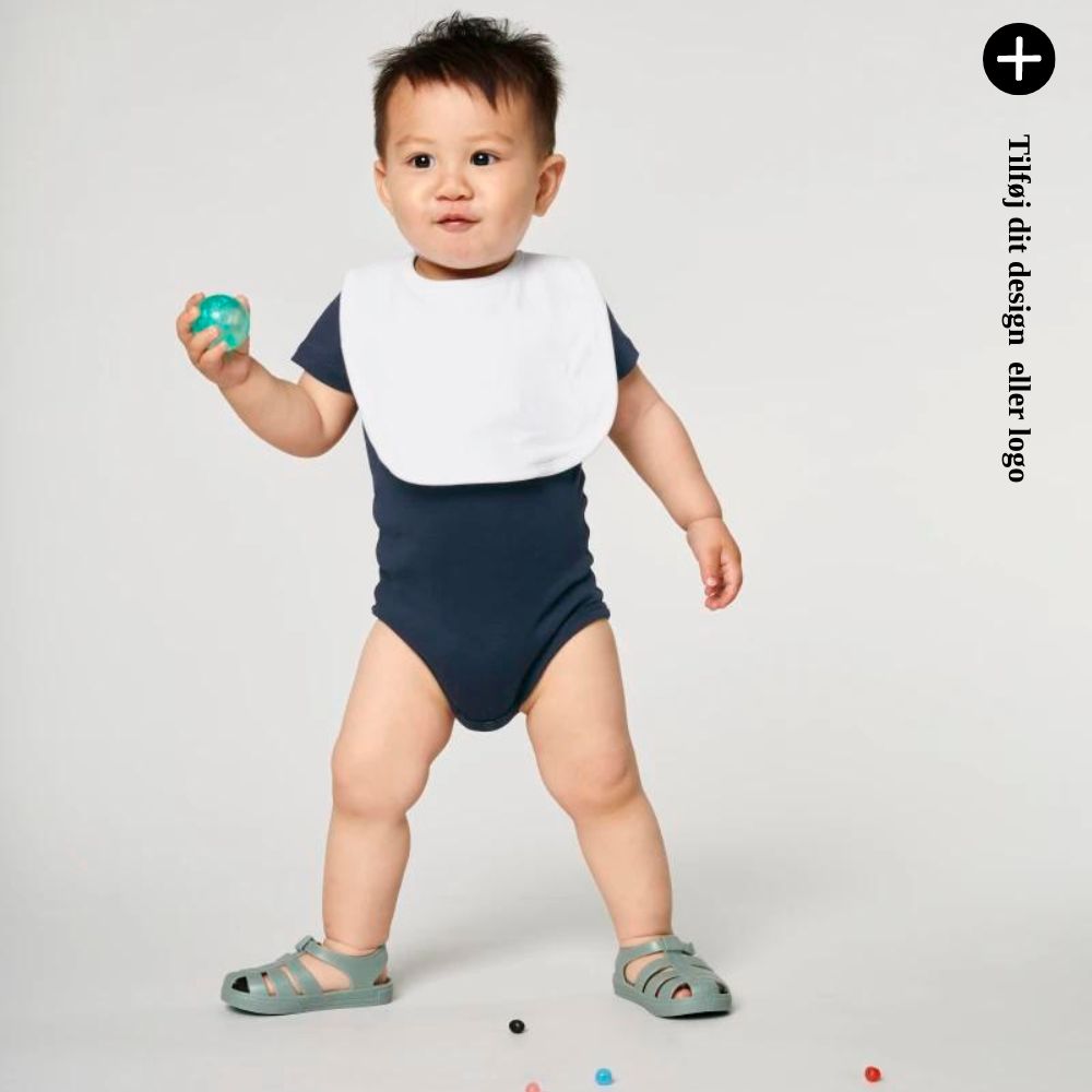En baby iført en hvid og navy bodystocking. Tilføj dit design eller logo.